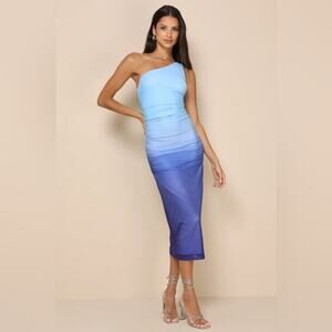 Lulus Beautiful Perception Blue Ombre One-Shoulder Mesh Midi Dress